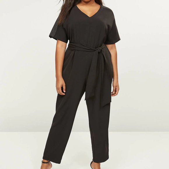 Lane Bryant Pants - Jumpsuit 16  Black Studded Sleeves Crepe Pants 1 Piece Romper Stretch Plus NWT